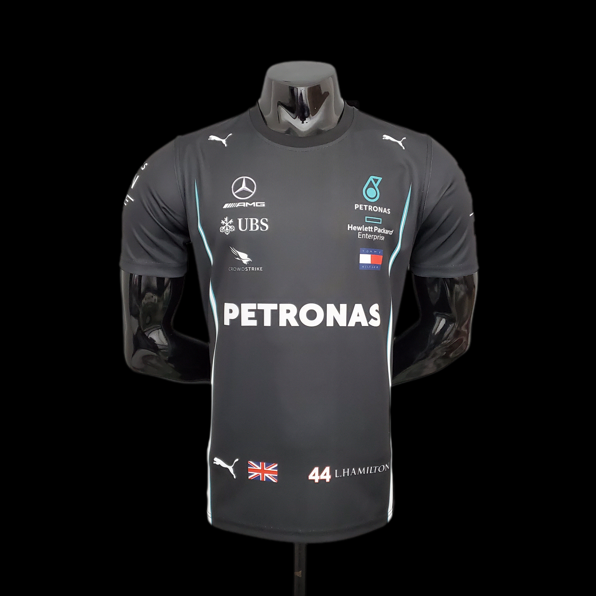 F1 Formula One racing suit; 2021 Mercedes Black F1 Formula One racing suit; 2021 Mercedes Black