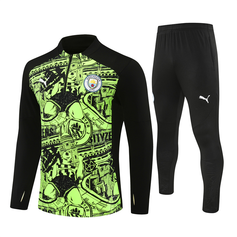24-25 Man City Fluorescent green with black half zipper training tracksuit