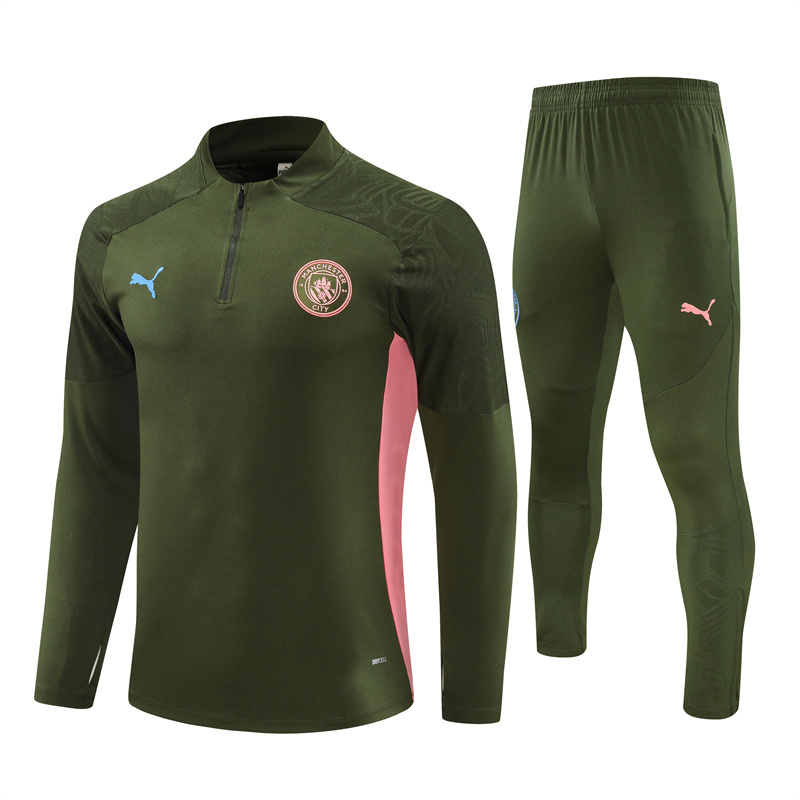 24-25 Man City army green with pink and blue half zipper training tracksuit