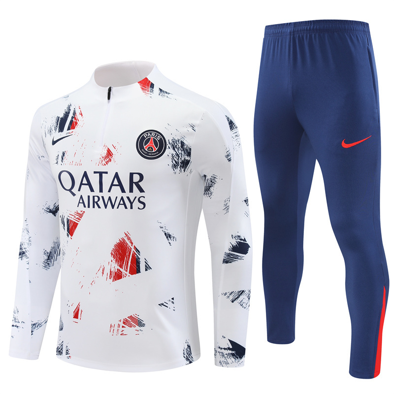 24-25 PS G white with red and blue stripe half zipper training tracksuit 24-25 PS G white with red and blue stripe half zipper training tracksuit
