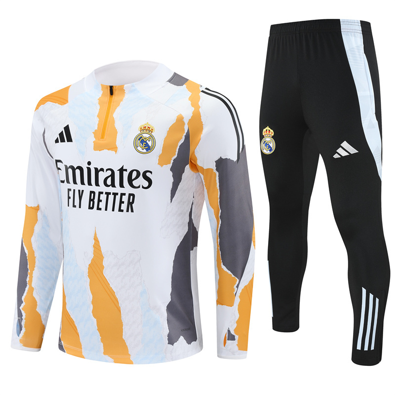 24-25 Real Madrid white with yellow and gray stripe half zipper sweater tracksuit