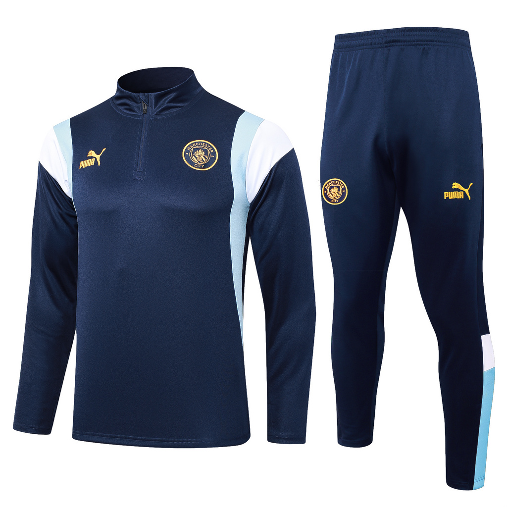 B751# 23-24 Man City navy blue with light blue and white half zipper sweater tracksuit