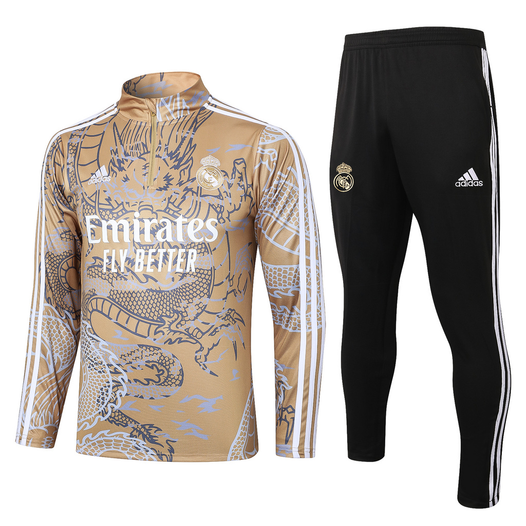 B771# 23-24 Real Madrid gold with dragon half zipper training tracksuit