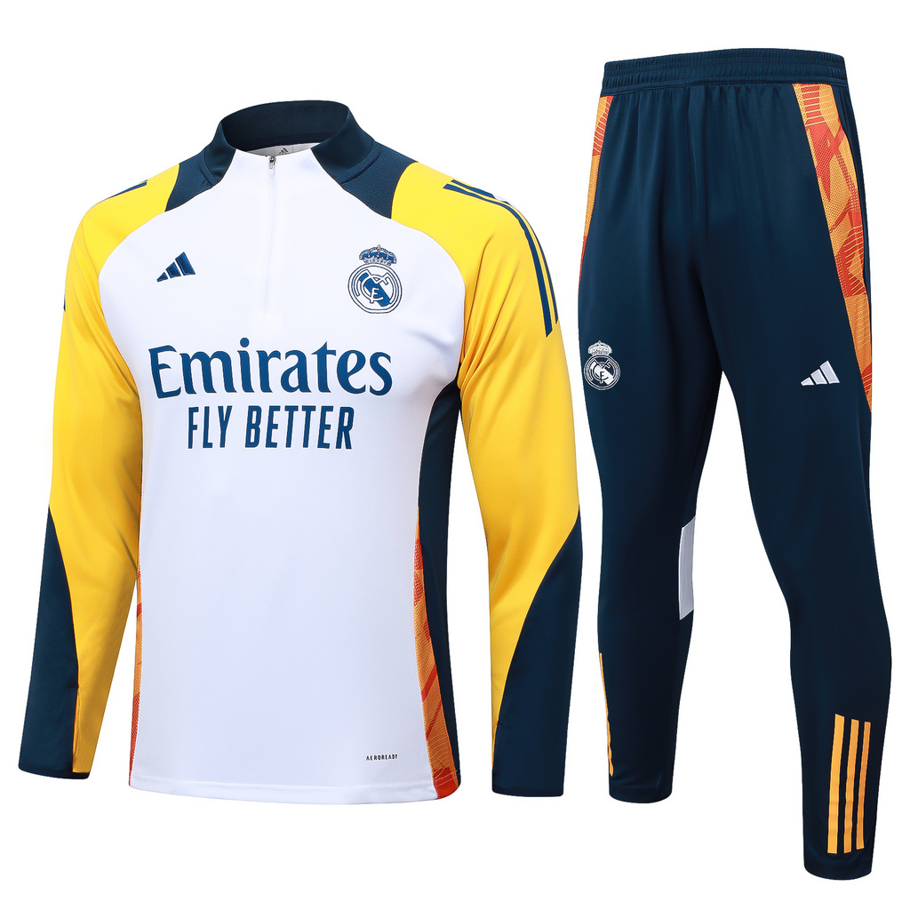 B824# 24-25 Real Madrid white with yellow and navy blue half zipper training tracksuit