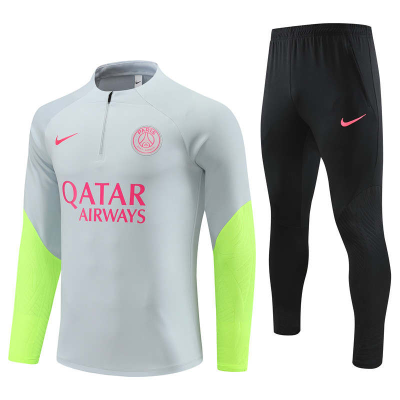 fans version 23-24 PS G light gray with green half zipper sweater tracksuit