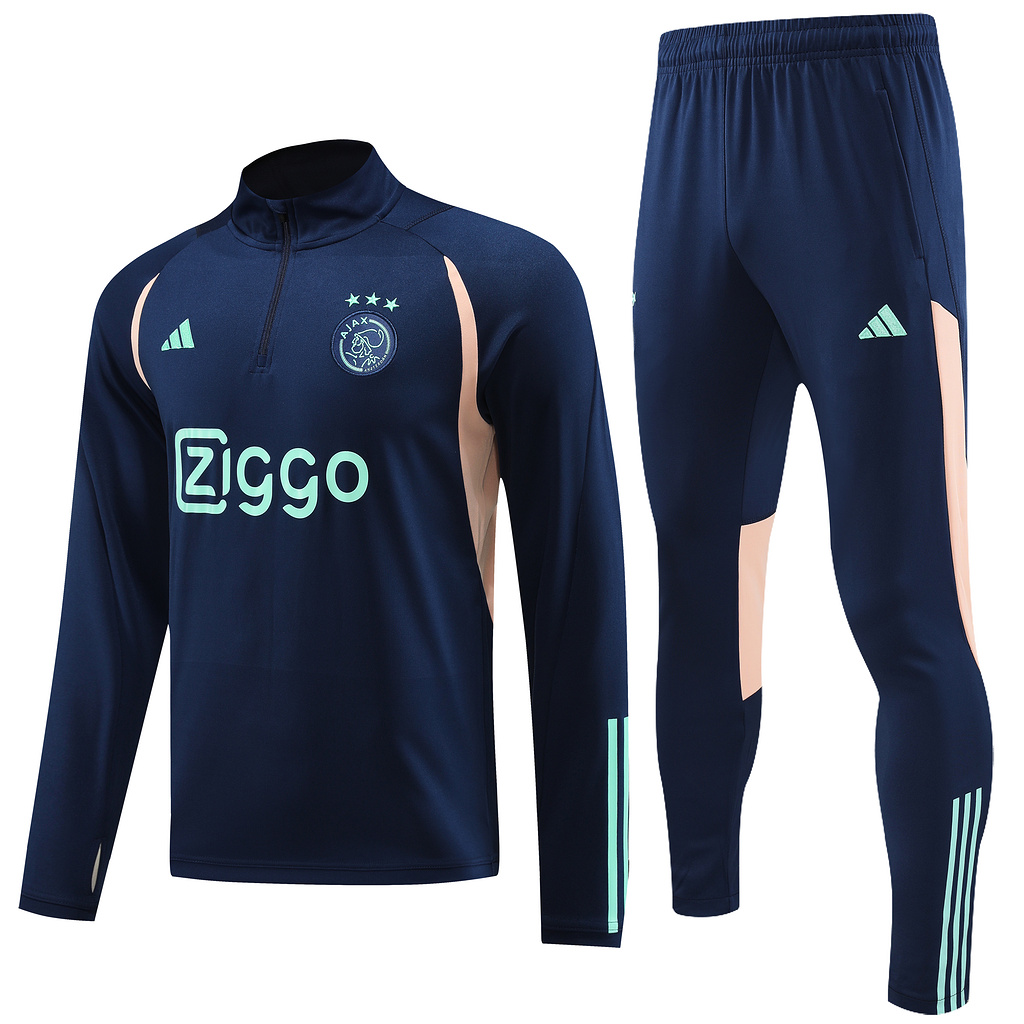 with sponsor logo 23-24 Ajax navy blue with beige stripe half zipper sweater tracksuit