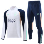 with sponsor logo 23-24 Ajax white with navy blue and beige stripe half zipper sweater tracksuit