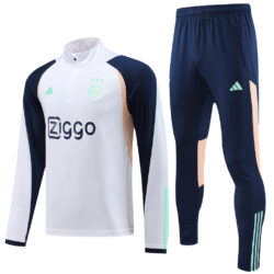 with sponsor logo 23-24 Ajax white with navy blue and beige stripe half zipper sweater tracksuit