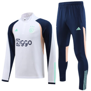 with sponsor logo 23-24 Ajax white with navy blue and beige stripe half zipper sweater tracksuit