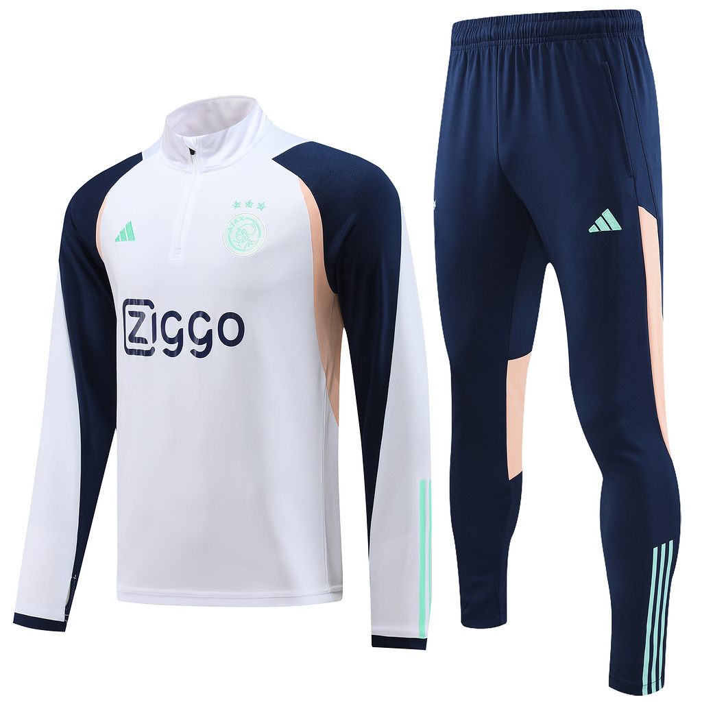 with sponsor logo 23-24 Ajax white with navy blue and beige stripe half zipper sweater tracksuit