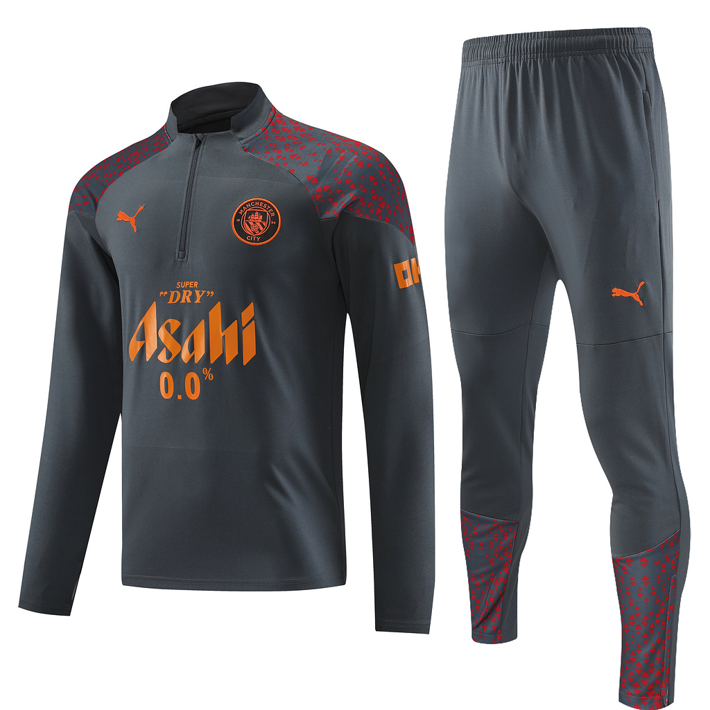 with sponsor logo 23-24 Man City dark gray with red half zipper sweater tracksuit