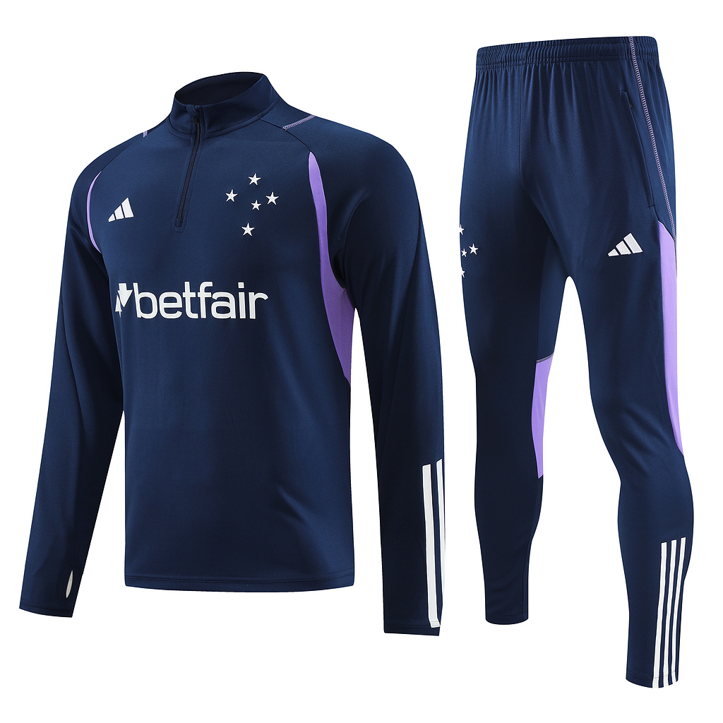 23-24 Cruzeiro navy blue with purple stripe half zipper sweater tracksuit
