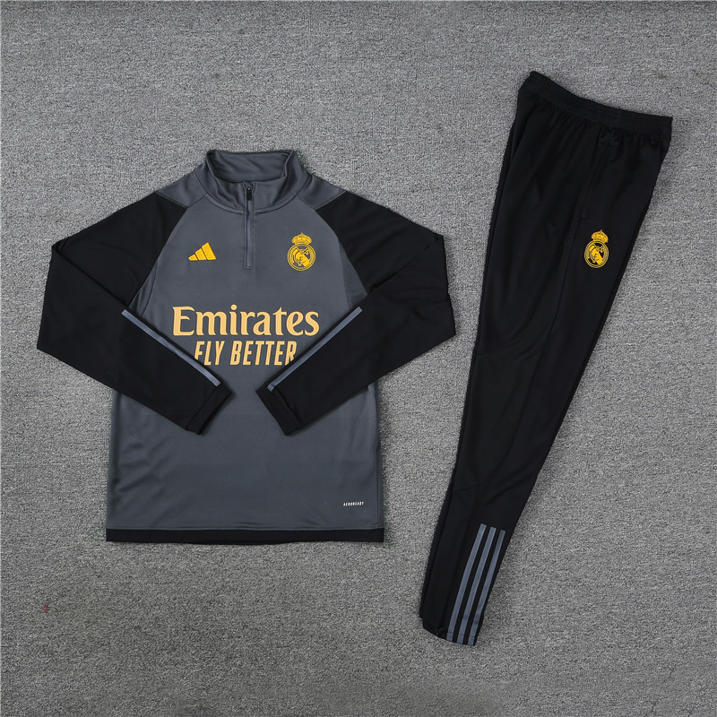 002-121 23-24 Real Madrid dark gray with black arms half zipper sweater tracksuit