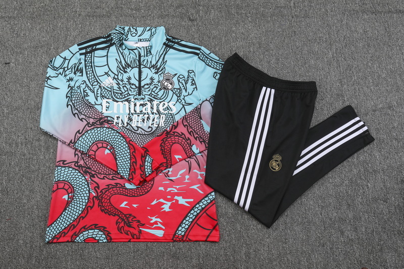 002-123 23-24 Real Madrid green with red half zipper training tracksuit