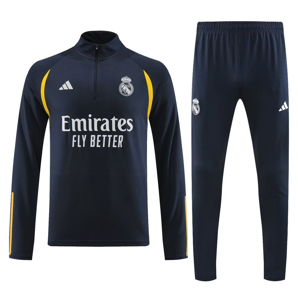 002-15 23-24 Real Madrid navy blue with yellow half zipper sweater tracksuit