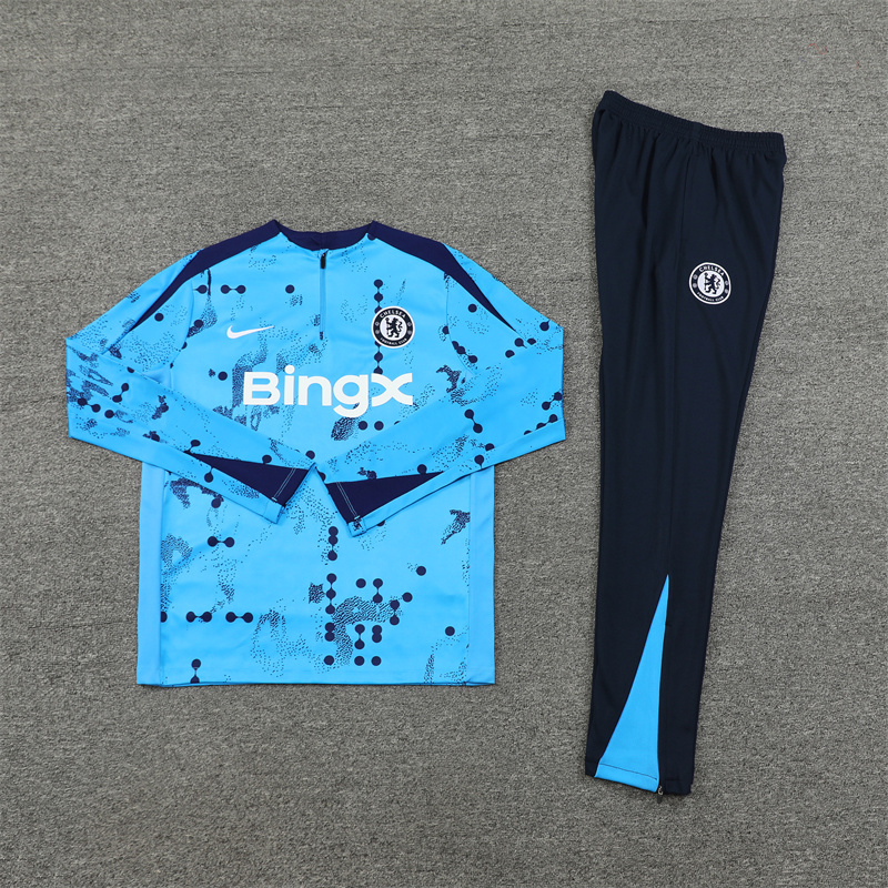 002-153 24-25 Chelsea light blue with navy blue pattern half zipper training tracksuit