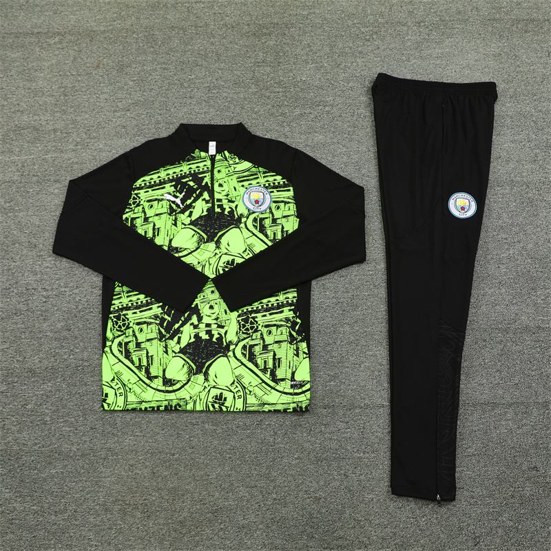 24-25 Man City Fluorescent green with black half zipper training tracksuit