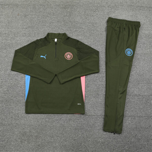 24-25 Man City army green with pink and blue half zipper training tracksuit - Image 2