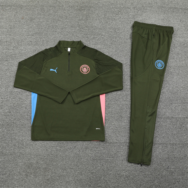 24-25 Man City army green with pink and blue half zipper training tracksuit