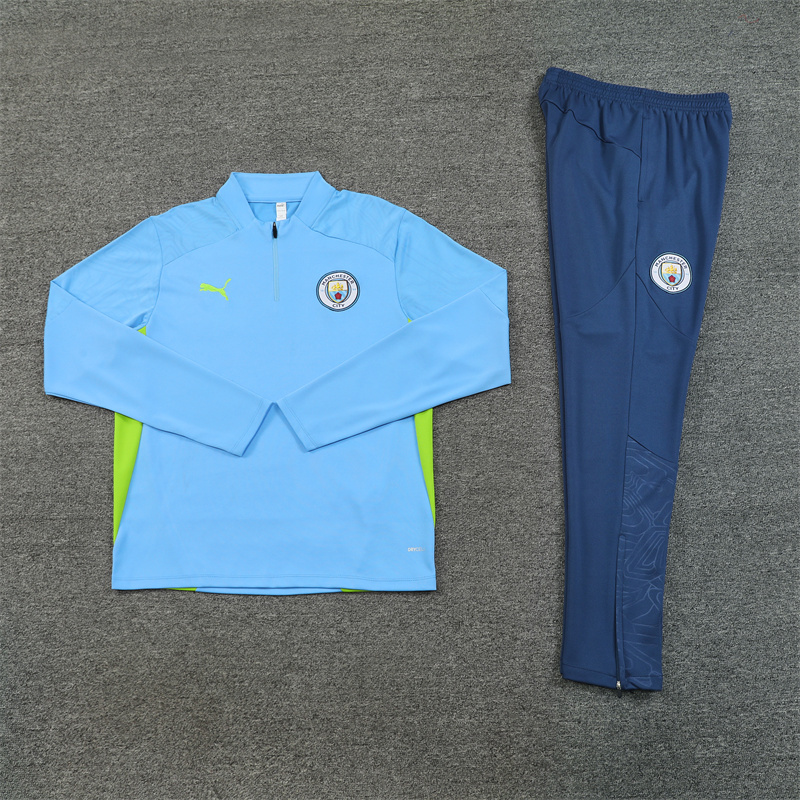 24-25 Man City light blue with green stripe half zipper training tracksuit