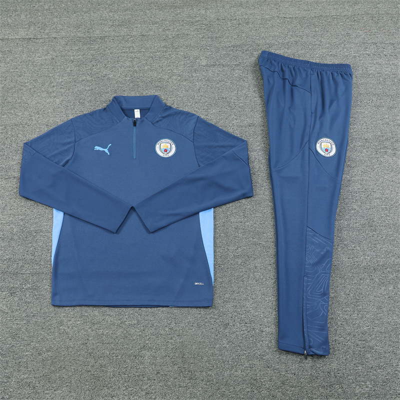 24-25 Man City navy blue with light blue stripe half zipper training tracksuit