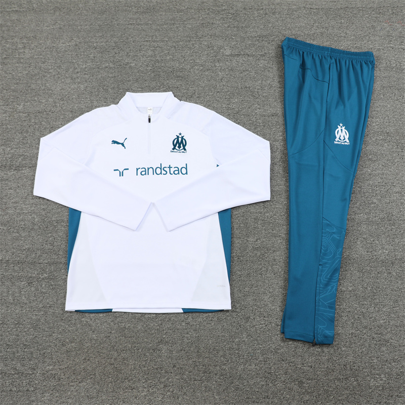 24-25 Marseille white with lake green stripe half zipper training tracksuit