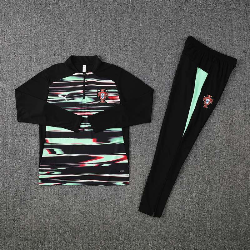 24-25 Portugal black with green half zipper sweater tracksuit