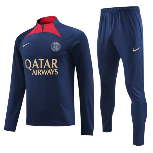 gold logo 23-24 PS G navy blue with red half zipper sweater tracksuit - Image 2