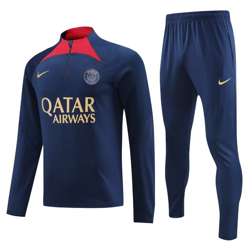 gold logo 23-24 PS G navy blue with red half zipper sweater tracksuit