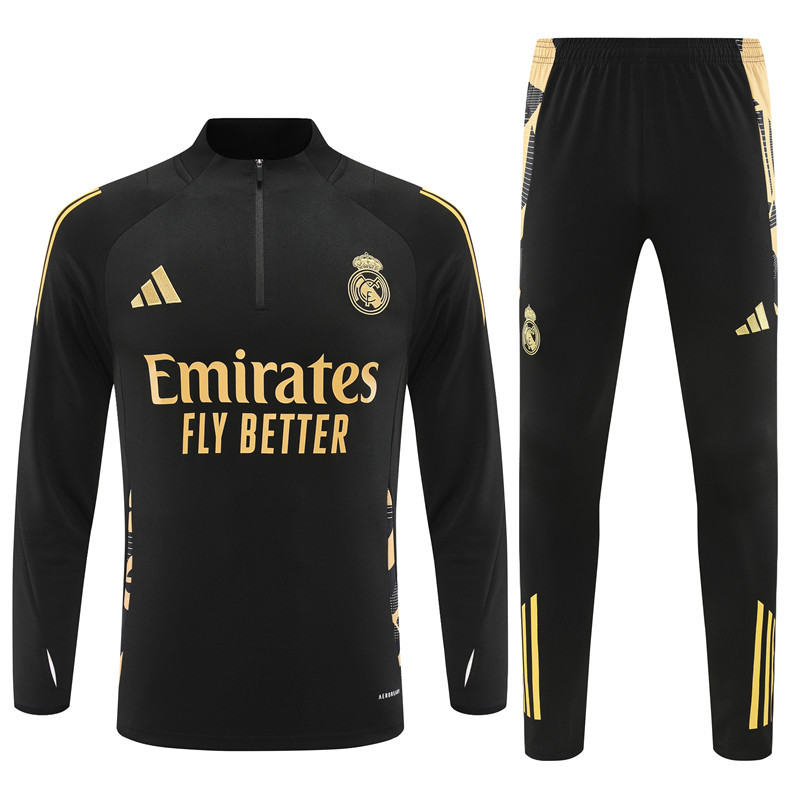 24-25 Real Madrid black with gold half zipper training tracksuit