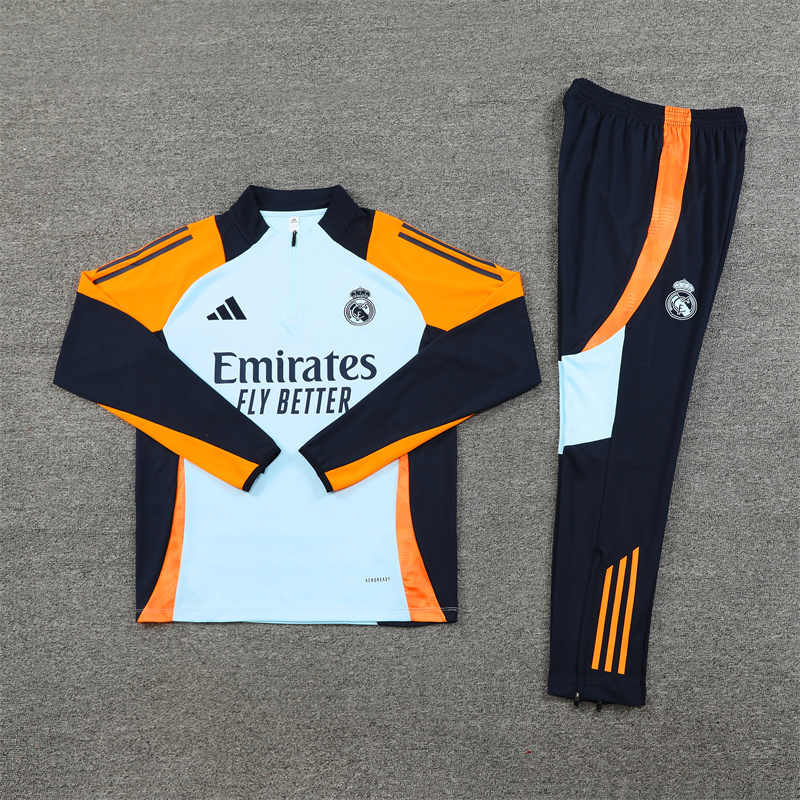 24-25 Real Madrid light blue with yellow and navy blue half zipper training tracksuit