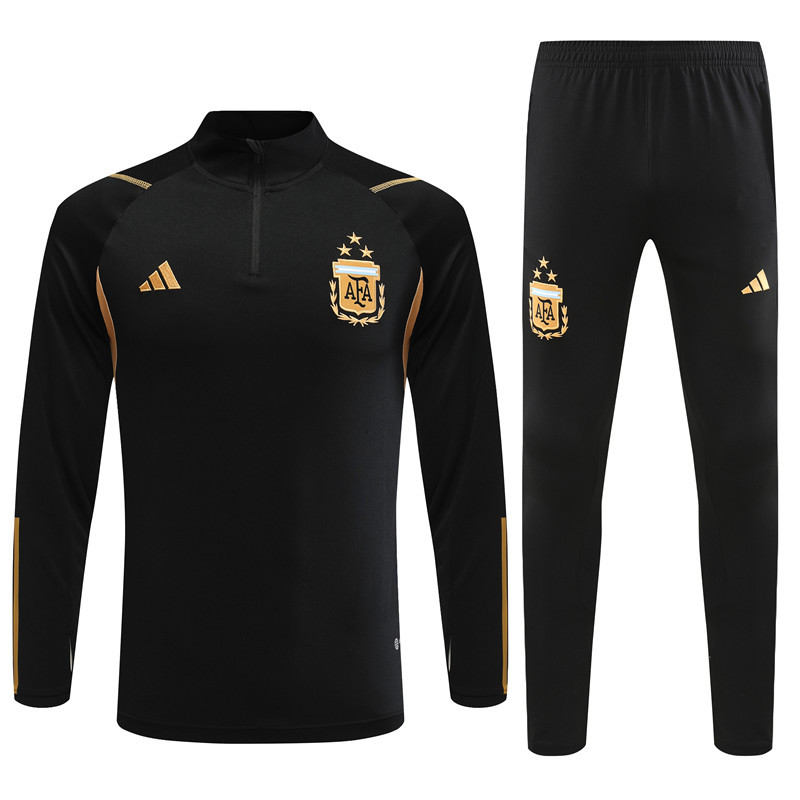 002-22 23-24 Argentina black with gold stripe half zipper sweater tracksuit