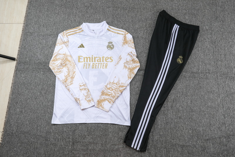 24-25 Real Madrid white with gold half zipper training tracksuit