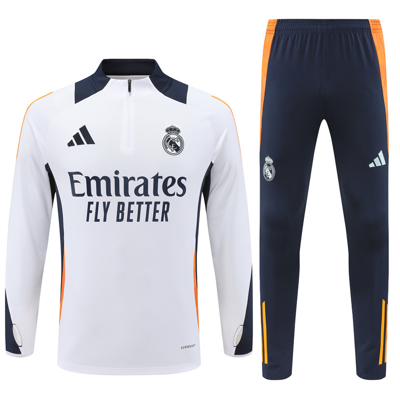 24-25 Real Madrid white with navy blue half zipper training tracksuit