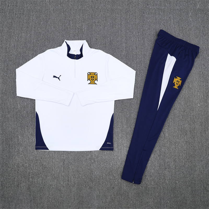 25-26 Portugal white with navy blue half zipper sweater tracksuit