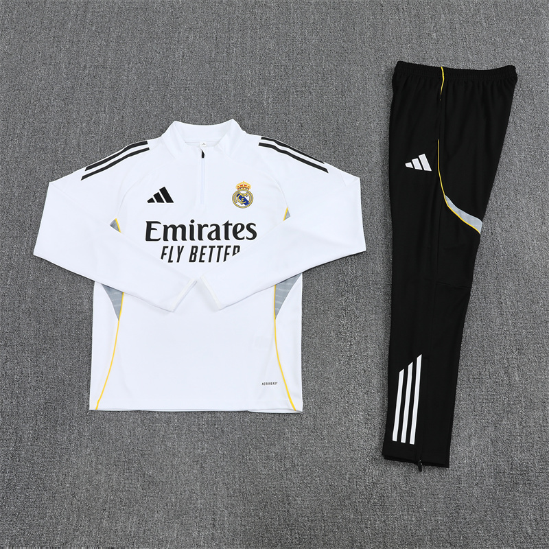 25-26 Real Madrid white with gray stripe half zipper sweater tracksuit