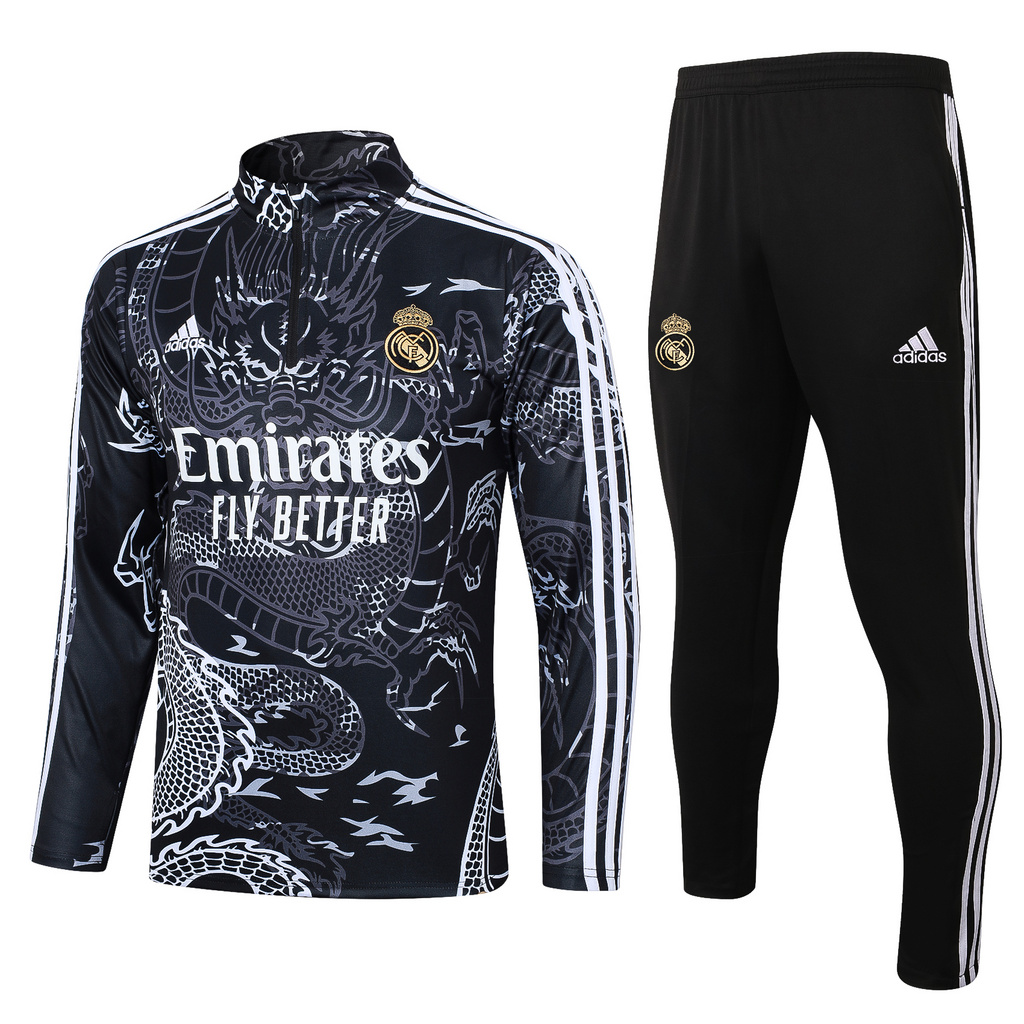 B758# 23-24 Real Madrid black printing half zipper sweater tracksuit