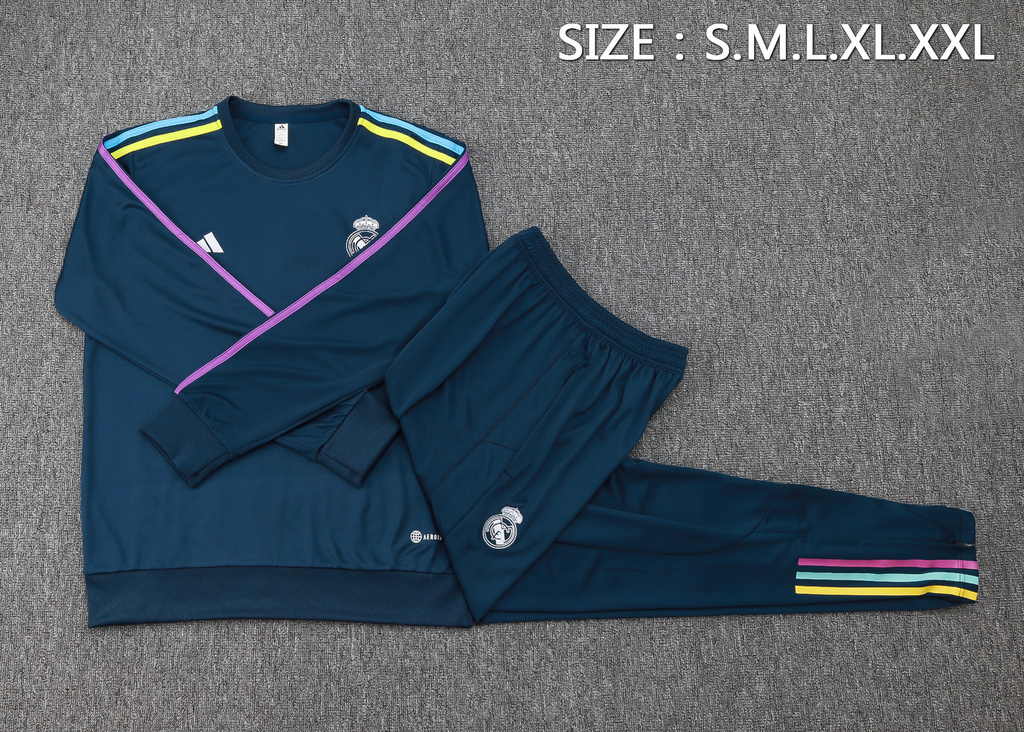 B767# 23-24 Real Madrid navy blue round collar sweater tracksuit