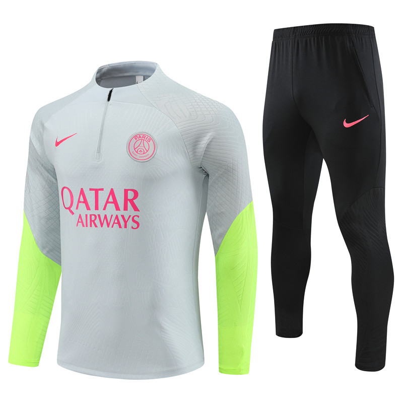 Player version 23-24 PS G light gray with green half zipper sweater tracksuit