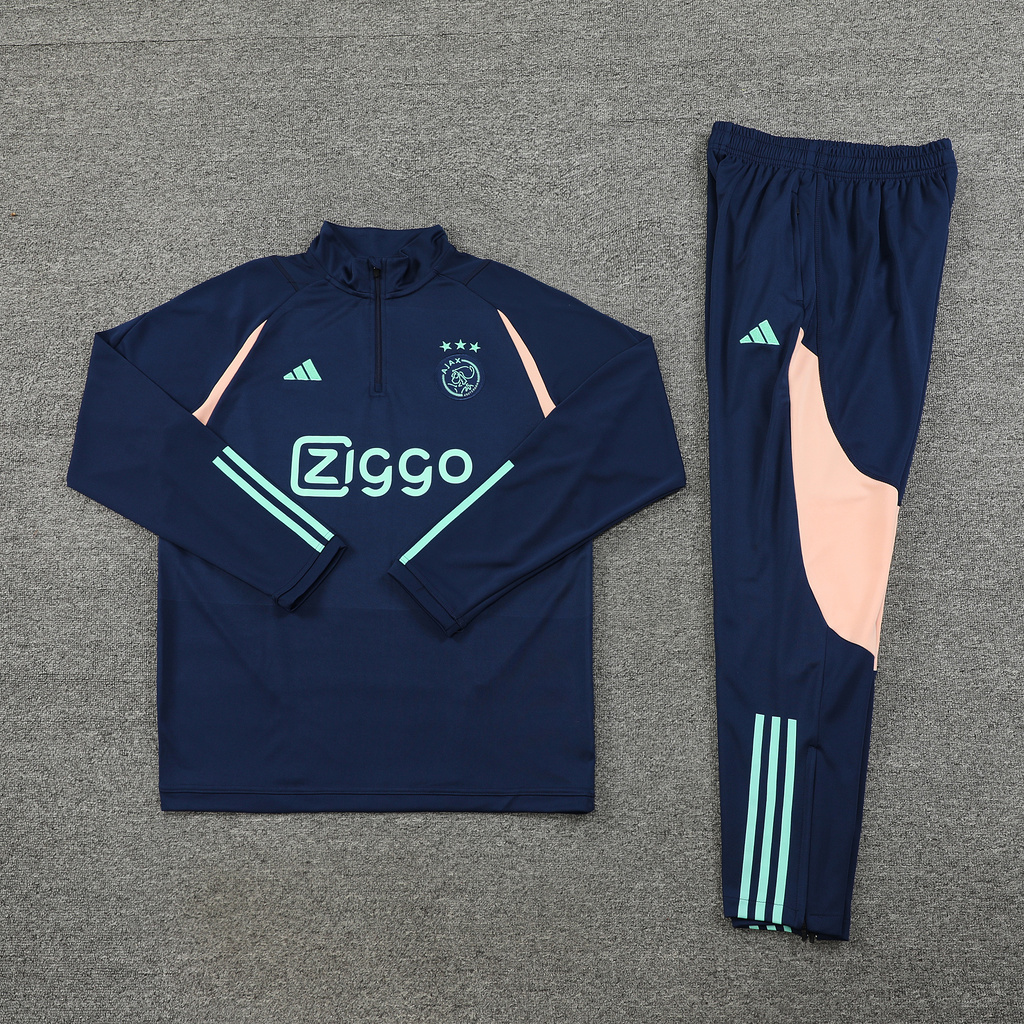 with sponsor logo 23-24 Ajax navy blue with beige stripe half zipper sweater tracksuit