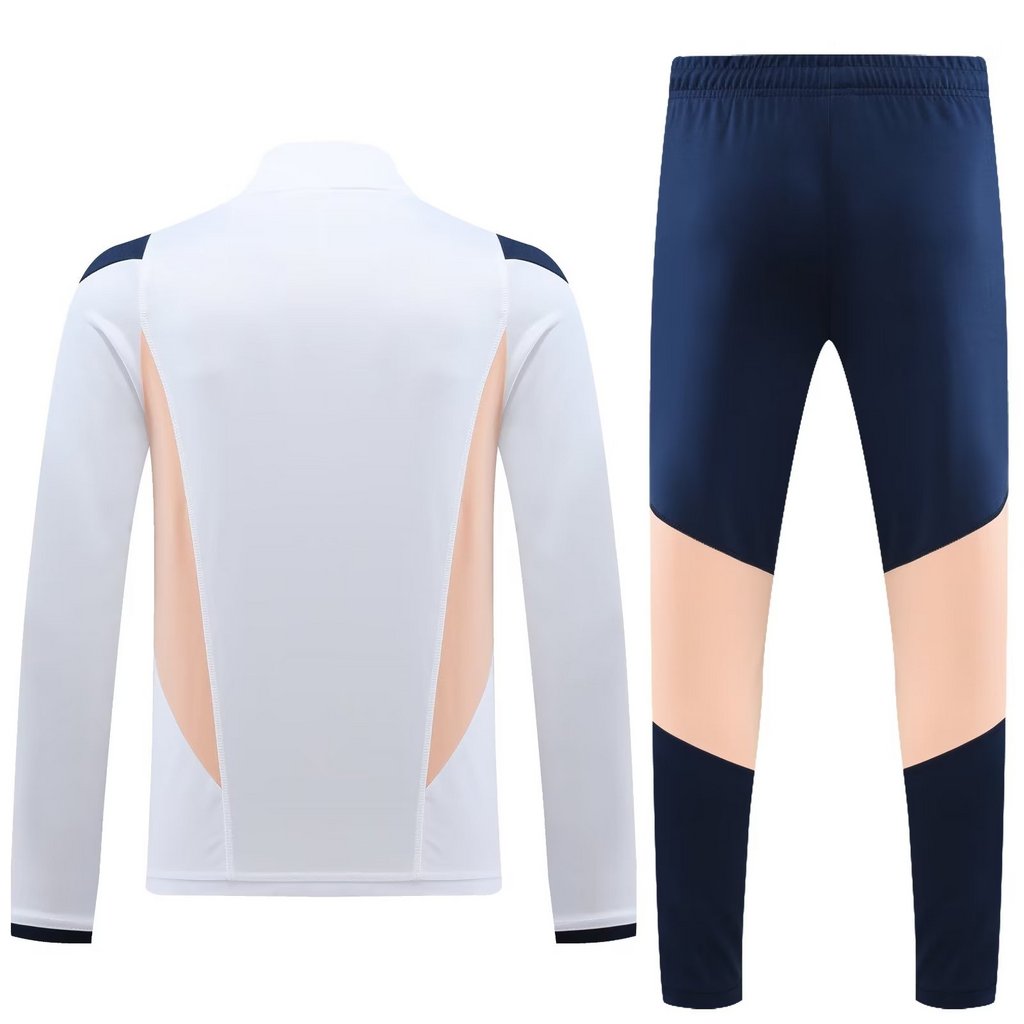 with sponsor logo 23-24 Ajax white with navy blue and beige stripe half zipper sweater tracksuit