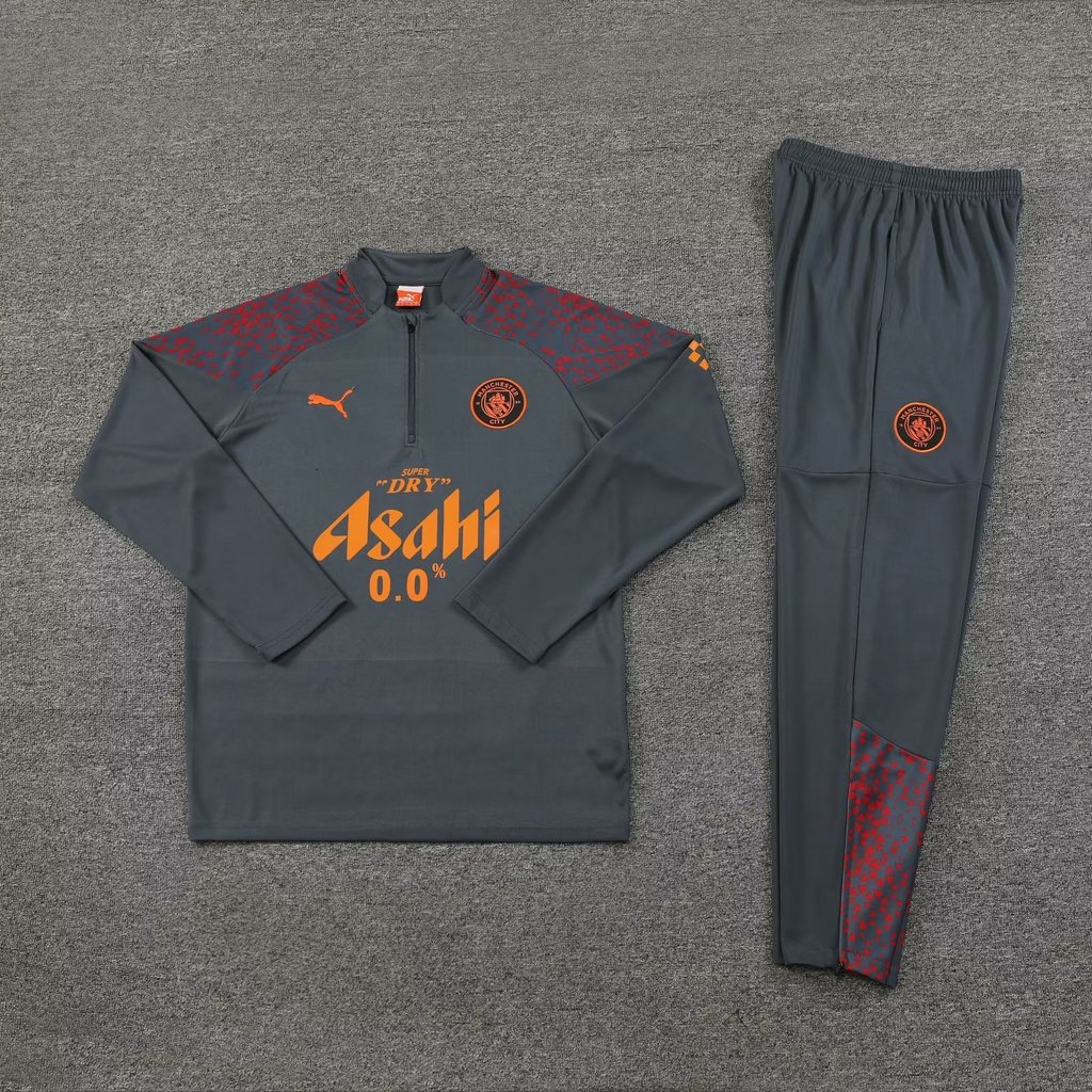 with sponsor logo 23-24 Man City dark gray with red half zipper sweater tracksuit