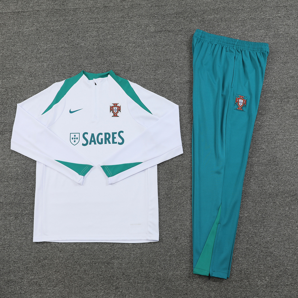 002-445 with sponsor logo 24-25 Portugal white with green half zipper training tracksuit