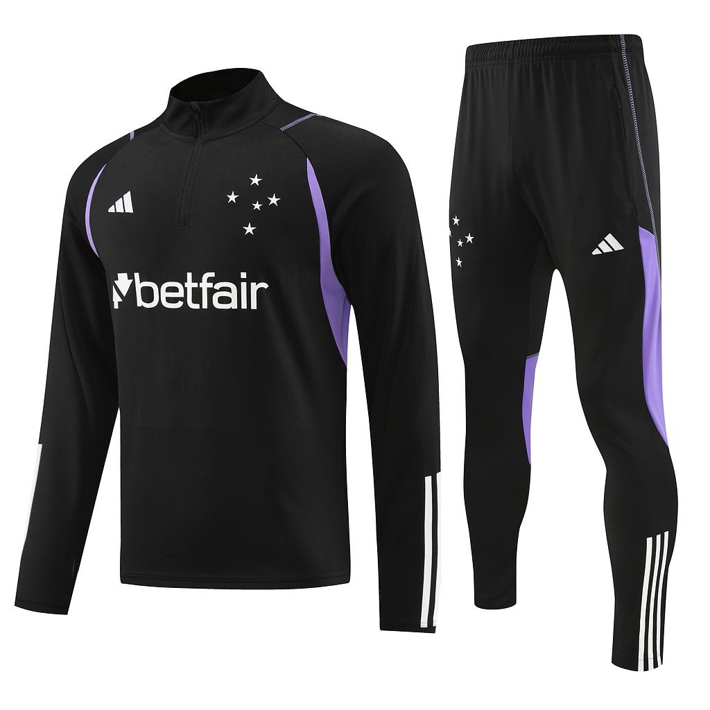002-56 23-24 Cruzeiro black with purple stripe half zipper sweater tracksuit