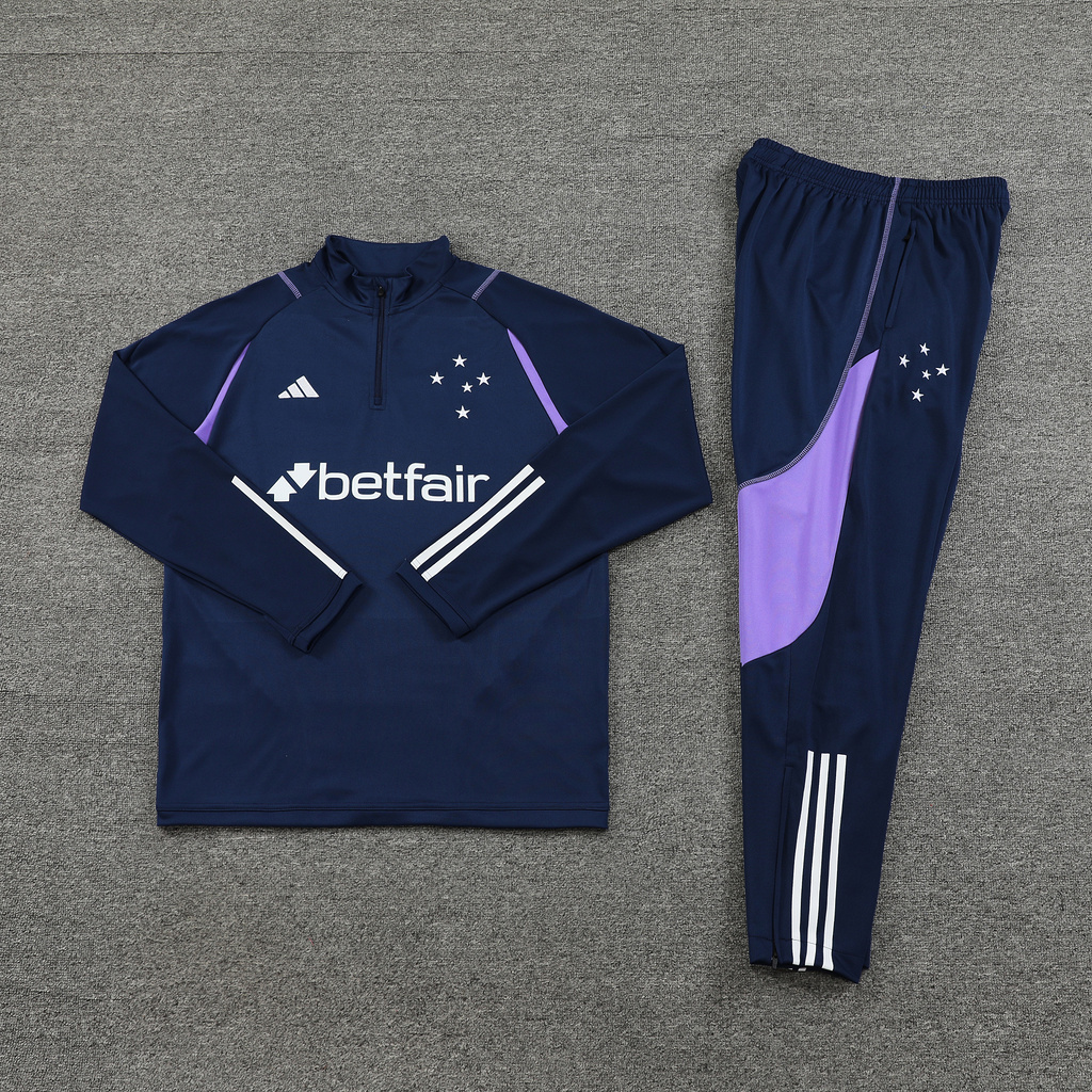 23-24 Cruzeiro navy blue with purple stripe half zipper sweater tracksuit