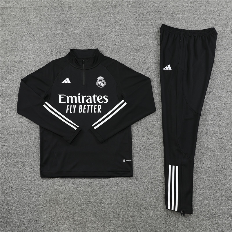 23-24 Real Madrid black with white stripe half zipper sweater tracksuit