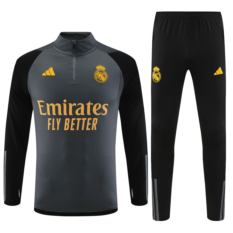 003-122 23-24 Real Madrid dark gray with black arms half zipper sweater tracksuit
