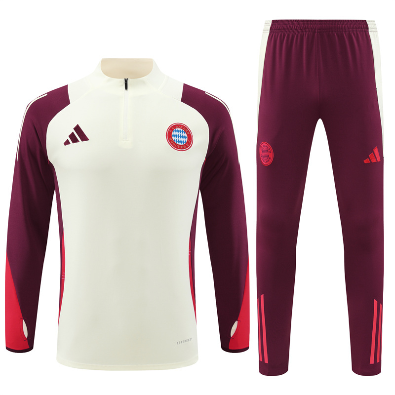 24-25 Bayern beige with dark red half zipper training tracksuit