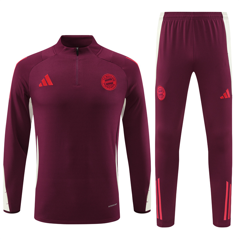 24-25 Bayern dark red with beige half zipper training tracksuit