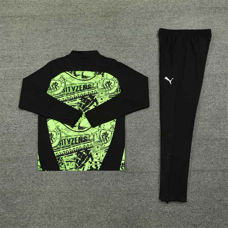 24-25 Man City Fluorescent green with black half zipper training tracksuit